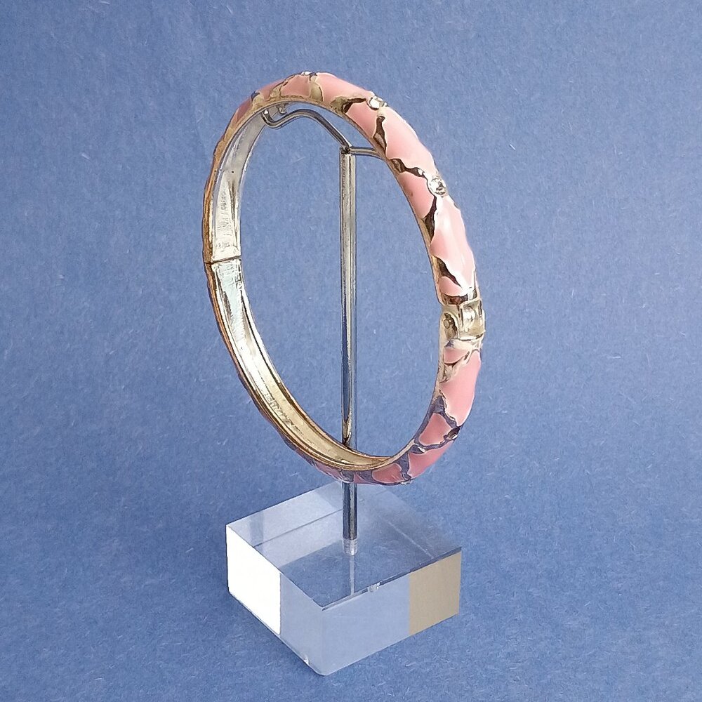 X Pattern Rhinestone Silvel Tone Pink Enamel Hinge Bangle Skinny Bracelet